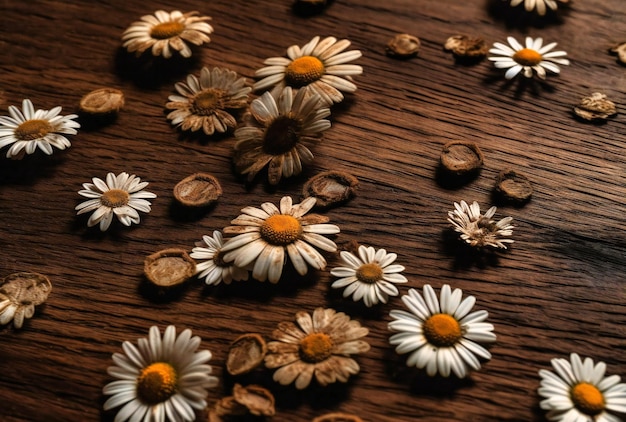 small daisy flowers lying on a brown wooden table