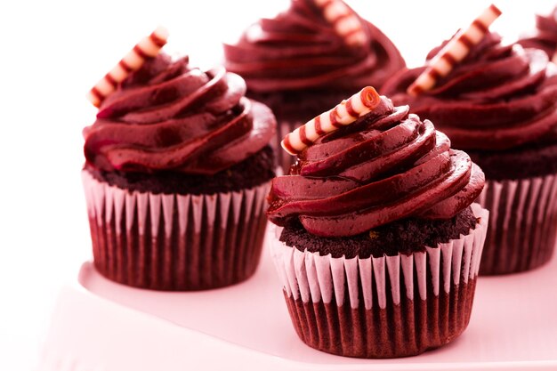 Small dark chocolate cupcakes at dessert bar.