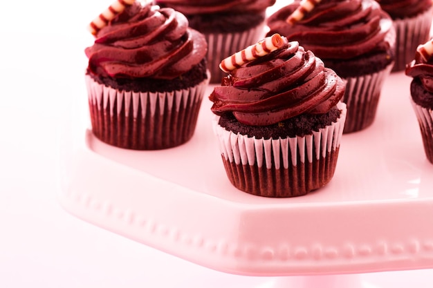 Small dark chocolate cupcakes at dessert bar.