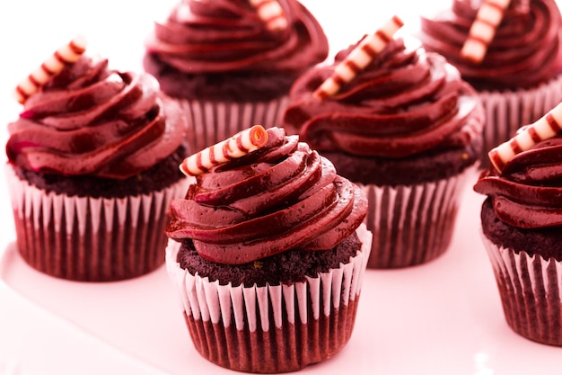 Small dark chocolate cupcakes at dessert bar.