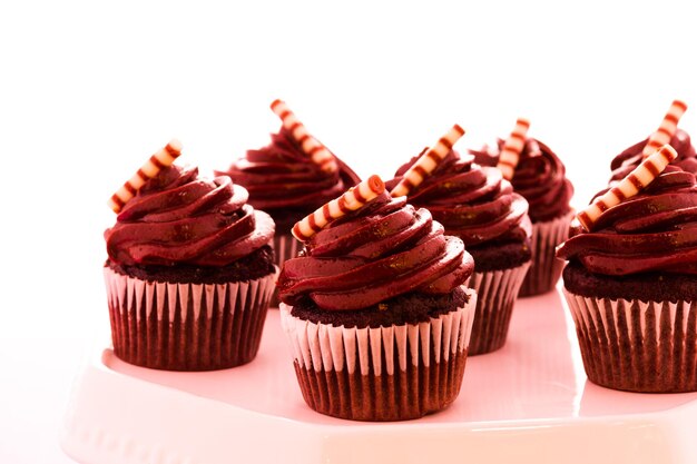 Small dark chocolate cupcakes at dessert bar.