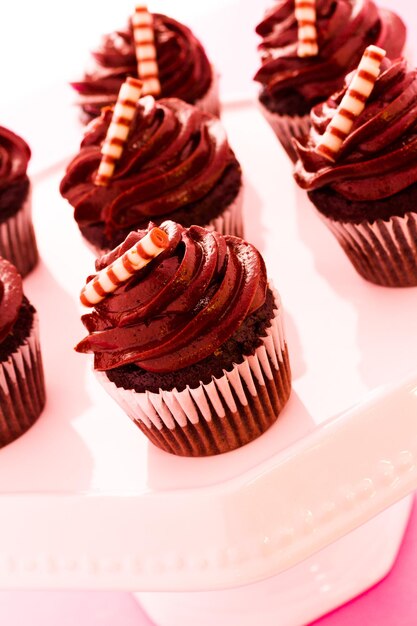 Small dark chocolate cupcakes at dessert bar.