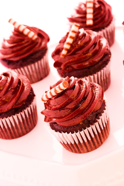 Small dark chocolate cupcakes at dessert bar.