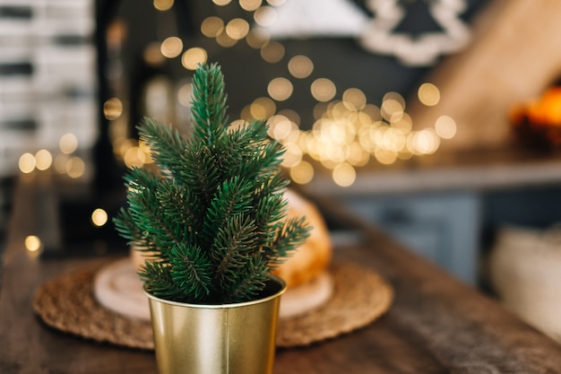 台所のテーブルの鍋に小さな装飾的なクリスマスツリー。