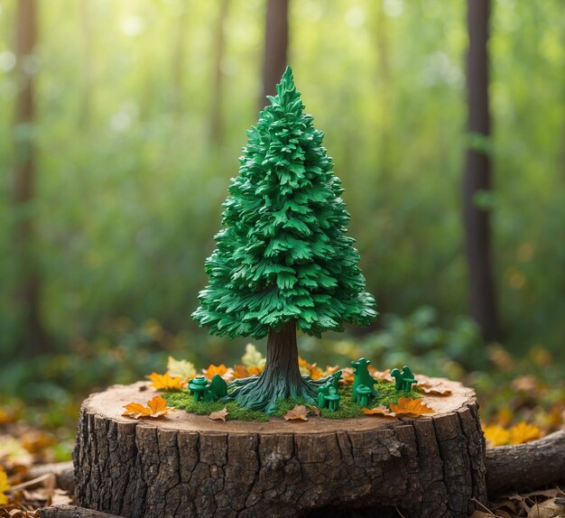 Small decorative christmas tree on a stump in the forest christmas and new year concept