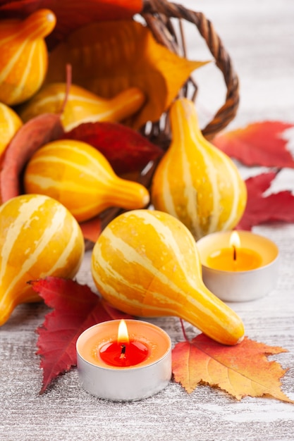 Small decorative pumpkins and falling leaves on rustic wooden table