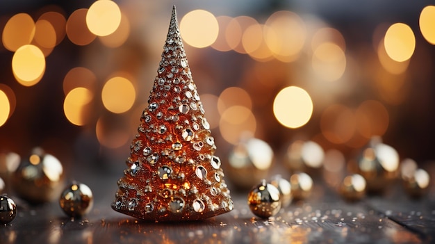 Small decorative shiny christmas tree in close up on a blurred background