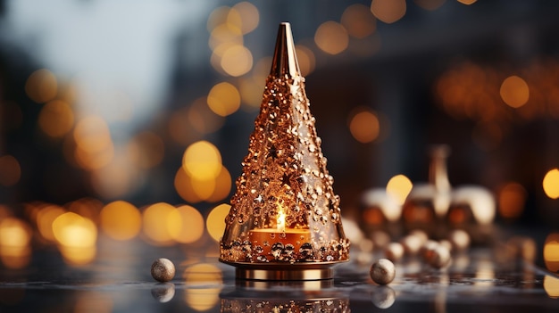 Small decorative shiny christmas tree in close up on a blurred background