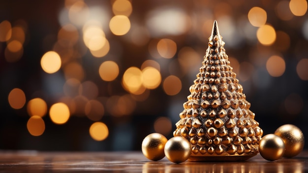 Small decorative shiny christmas tree in close up on a blurred background