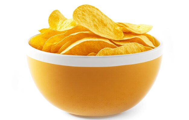 Small deep yellow bowl with potato chips isolated on white background