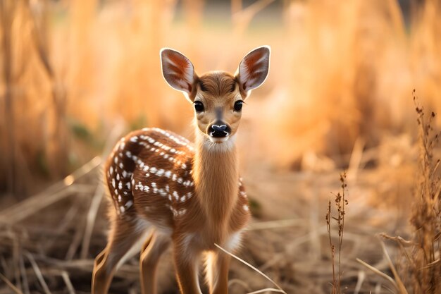 A Small Deer Standing In The Grass With Its Horns