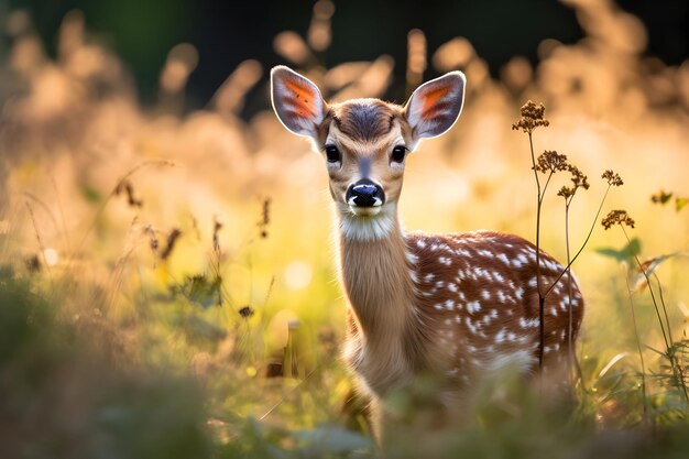 Photo a small deer standing in hayfield the grass with its horns