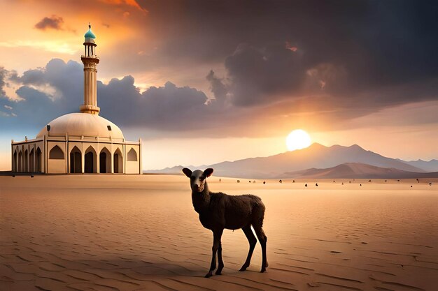 A small deer stands in front of a small mosque