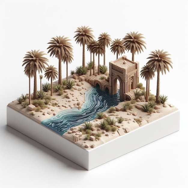 Small Detailed 3D Render of Oasis Scene with Palm Trees and Water on White Background