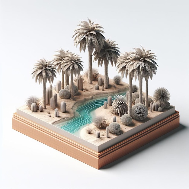 Small Detailed 3D Render of Oasis Scene with Palm Trees and Water on White Background