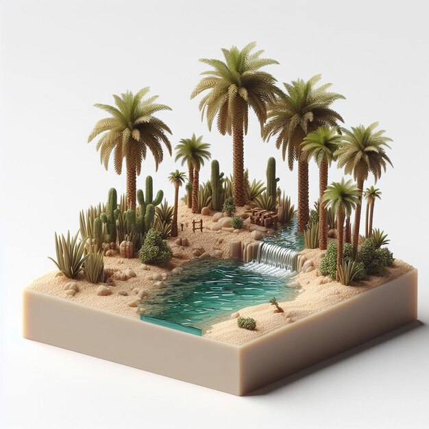 Small Detailed 3D Render of Oasis Scene with Palm Trees and Water on White Background