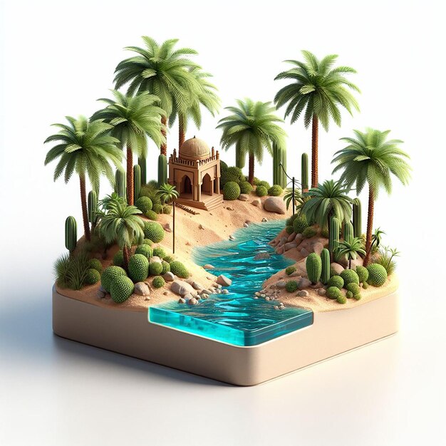 Small Detailed 3D Render of Oasis Scene with Palm Trees and Water on White Background