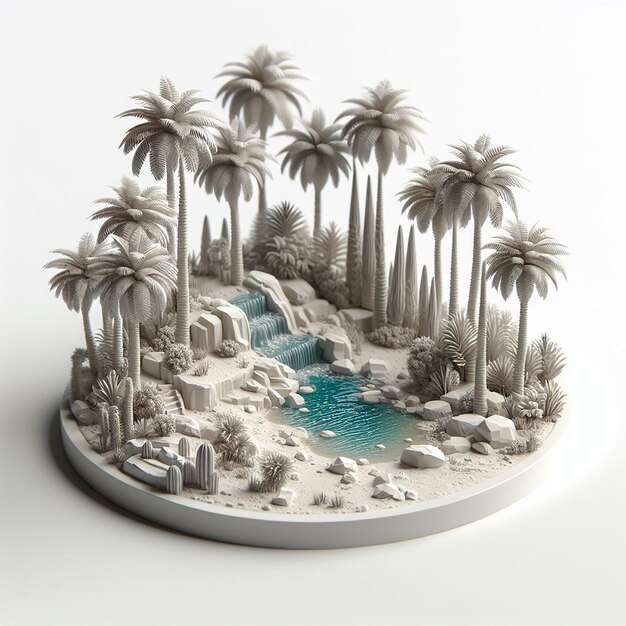 Photo small detailed 3d render of oasis scene with palm trees and water on white background