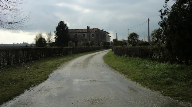 Small dirt road and a rural farmhouse to the side: a view of a typical panorama of the Po valley in Italy, in Villanova del Ghebbo