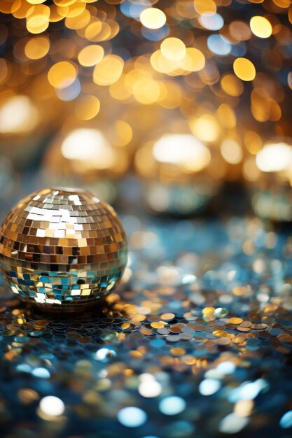 Photo small disco ball on blue and gold glitter background