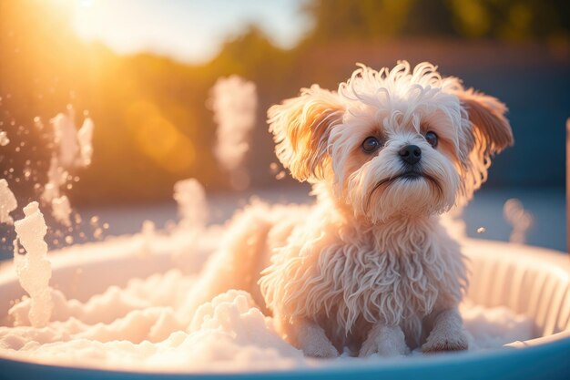 浴槽で洗われる小型犬 ai 生成