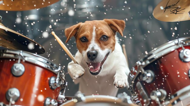 Photo a small dog enthusiastically plays the drums with a drumstick in its mouth the dog is surrounded by drums and cymbals