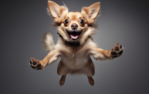 A small dog is jumping in the air