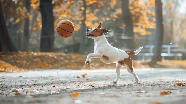 A small dog is running after a basketball in midair The dog is in focus and the background is blurry