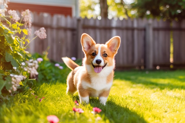 小さな犬が花のベッドに座っている