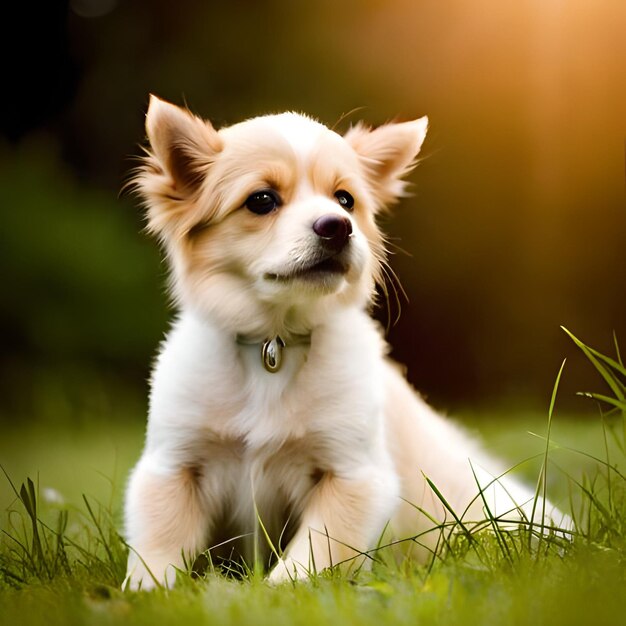 A small dog is sitting in the grass and the sun is shining