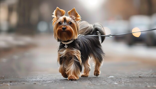 a small dog is walking on a wet street