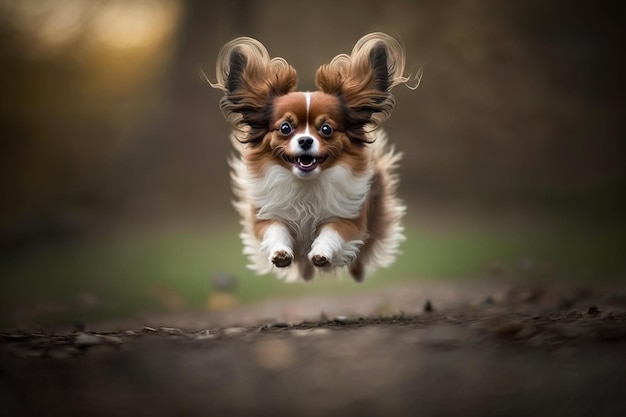 Small dog jumping with a blurred background generated by AI