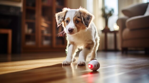 小さな犬がおもちゃの隣で床に横たわっている