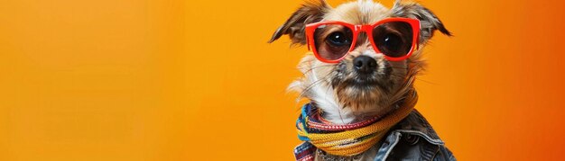 小さな犬がカラフルな服と赤いサングラスを着てファッションステートメントをします