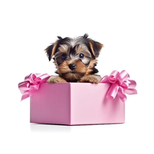 A small dog in a pink box