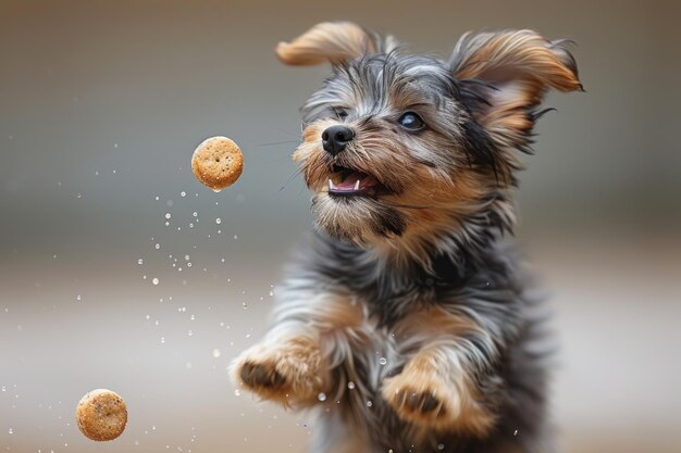 Photo small dog playing with food