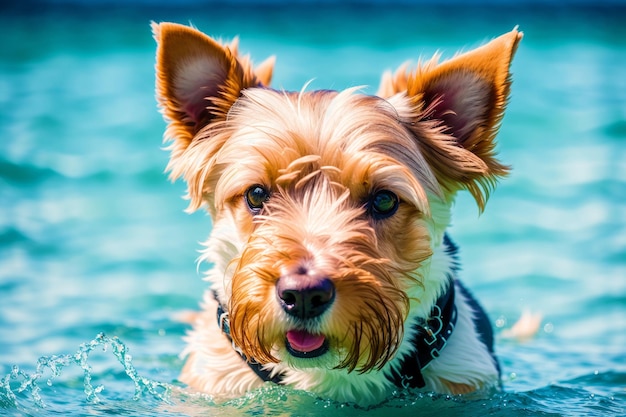 A small dog in a pool with its tongue out.