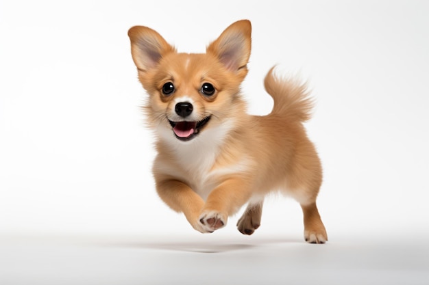 a small dog running across a white surface