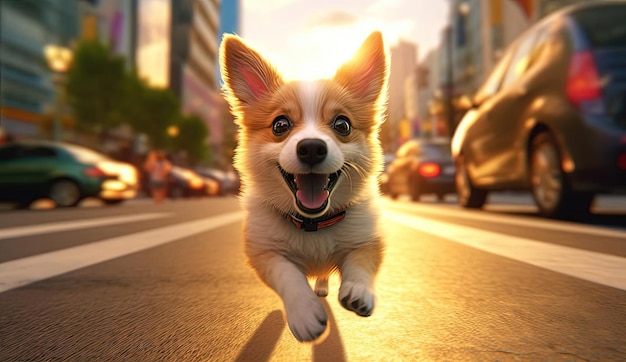 a small dog running in the road