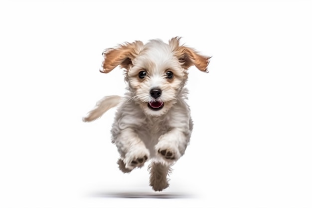 a small dog running with a frisbee in its mouth