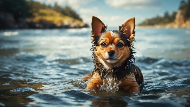 穏やかな水域の小型犬