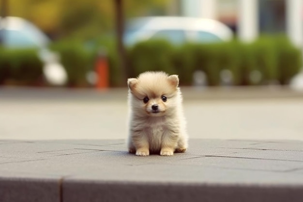 Photo a small dog sits on a curb.