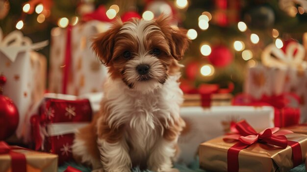 小さな犬がクリスマスツリーの前に座ってプレゼントを持っています