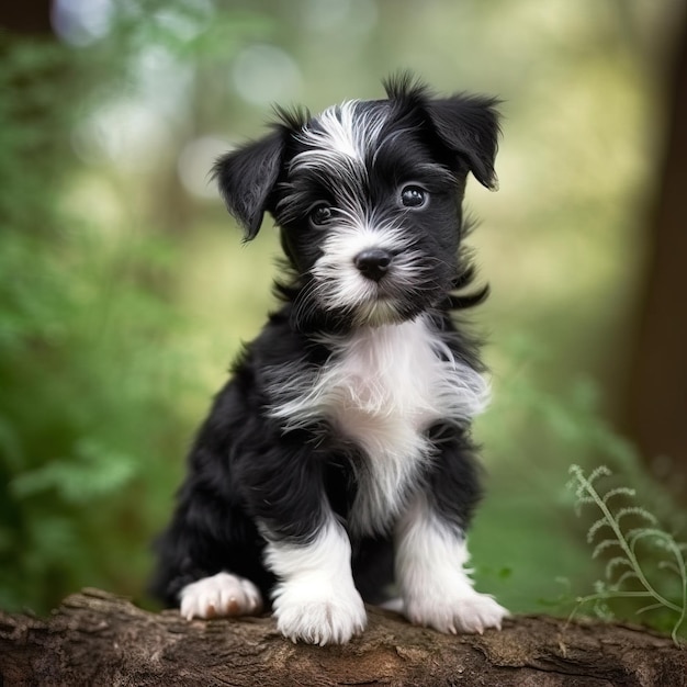 A small dog sits on a log in the woods.