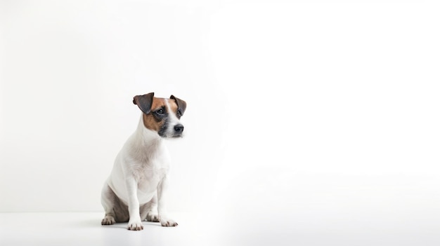 A small dog sits on a white background.