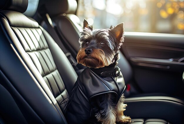 車の後部座席に拘束されたスタイルで座っている小型犬