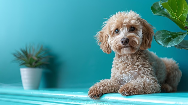 A small dog sitting on a blue shelf next to a plant