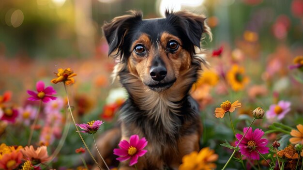 Small Dog Sitting in Field of Flowers