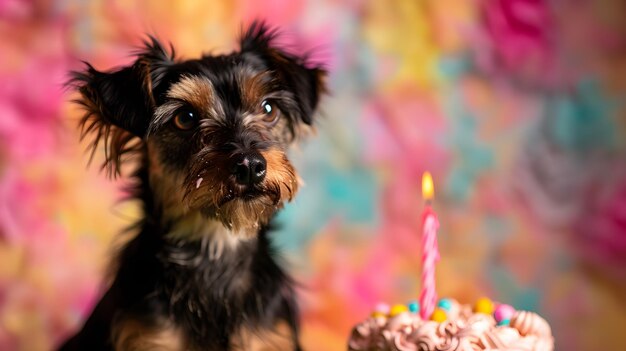 写真 誕生日のケーキの前に座っている小さな犬