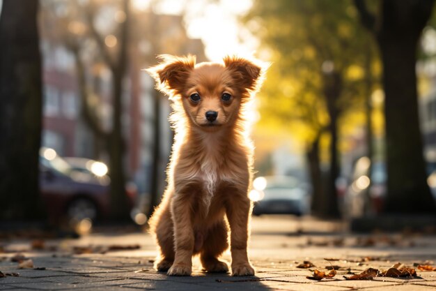 a small dog sitting on a sidewalk in the sun